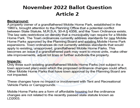 Town Ballot Question 2 Mobile Home Park Info